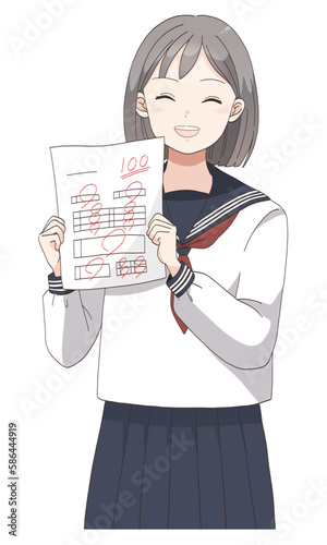 テストで100点満点を取って喜ぶ学生服の女子生徒(ショートへア)