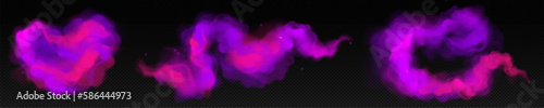 Magic purple powder and smoke cloud vector effect. Abstract vapor explosion on transparent background. Fog steam with dust texture illustration collection. Violet mix heart mist stream isolated.