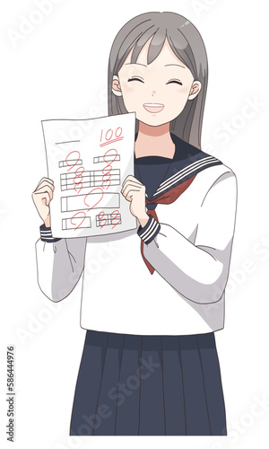 テストで100点満点を取って喜ぶ学生服の女子生徒(ロングへア)