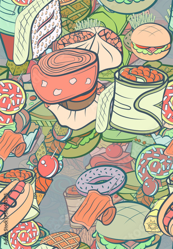 Background pattern abstract design texture. Seamless. Snacks and American food. Theme is about , snack, cutlet, steak, sweet, slice, potato, American cake, loaf, crab meat, Khinkali, pancake