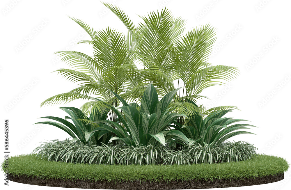 Realistic grass podium with garden. 3d rendering of isolated objects. Realistic grass podium with garden. 3d rendering of isolated objects.