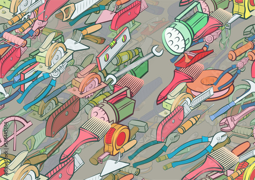 Background pattern abstract design texture. Seamless. Building tools and Repair. Theme is about compression, lamp, chopping, screwdriver, length, fire tools, wrench, repairs, spatula, painting walls