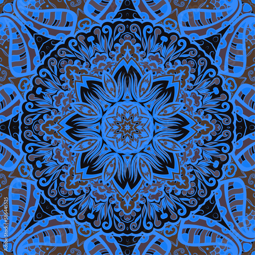 Seamless tile texture. Tracery mehndi design image. Dark toxic colors. Ethnic doodle art. Curved doodling picture. Vector