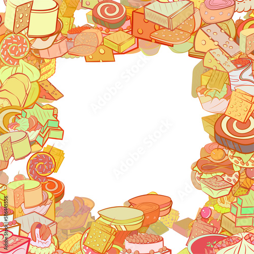 Background pattern abstract design texture. Snacks and Cheeses. Border frame, transparent background. Theme is about basket, thinly sliced, satiety, topping, remnant, sausage, Khinkali, meat
