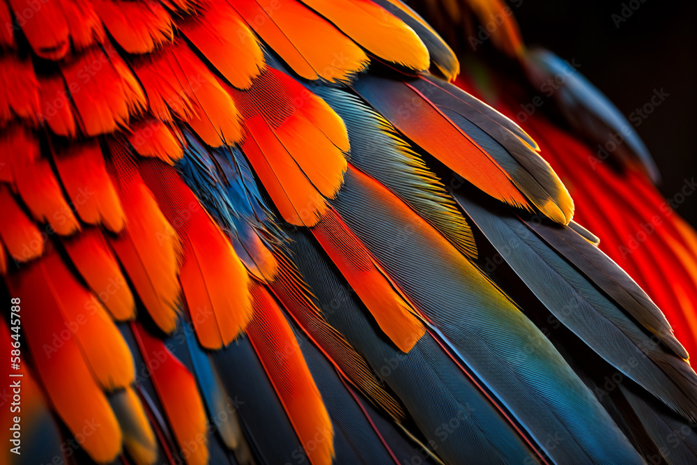 Fototapeta premium Scarlet macaw bird's colorful feather. Abstract background. Generative ai.