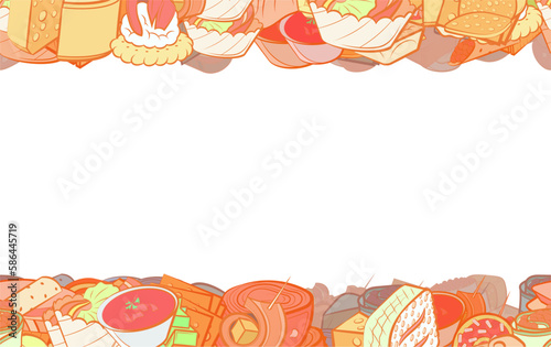 Background pattern abstract design texture. Cheeses and Snacks. Horizontal seamless stripes. Border frame, transparent background. Theme is about lies, wand, snack, bacon, no holes, cucumber roll