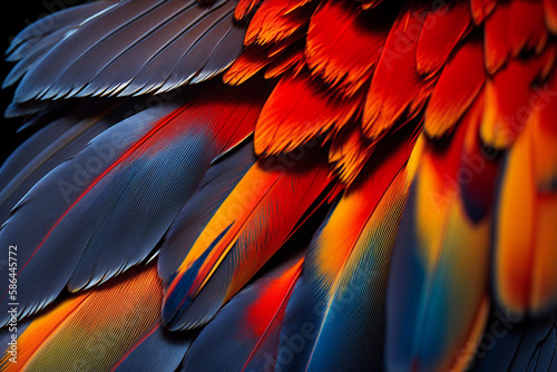 Scarlet macaw bird's colorful feather. Abstract background. Generative ai. © erika8213