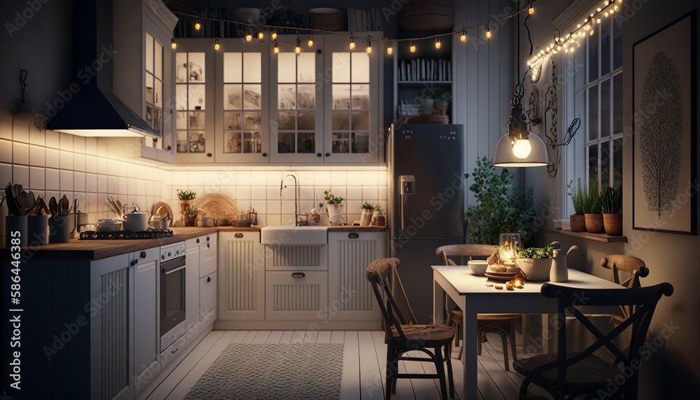 Scandinavian interior style kitchen at night with strings of light. Generative AI