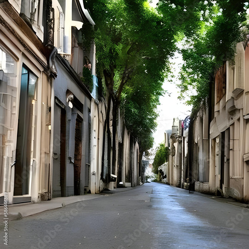 AI generated image of a street with trees and old buildings