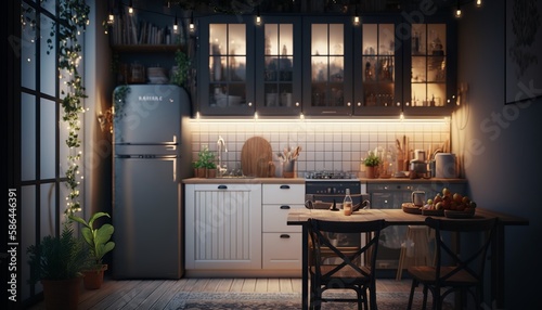 Scandinavian interior style kitchen at night with strings of light. Generative AI