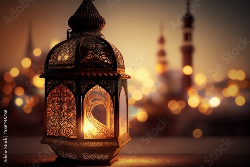Lantern in front of mosque. Ramadan Kareem background. Generative AI