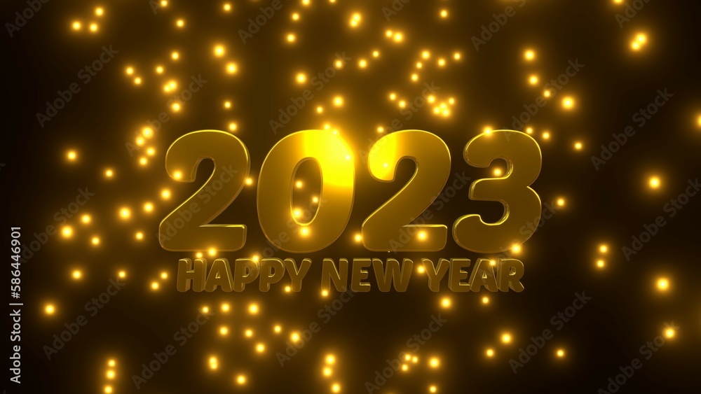 Happy New Year 2023 with golden falling particle on black background. Happy New Year 2023 with golden falling particle on black background.