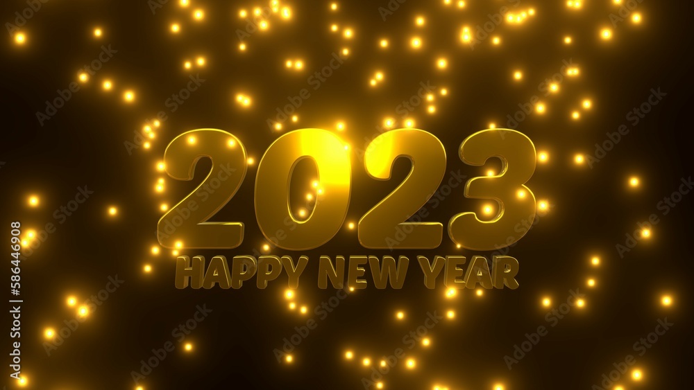 Happy New Year 2023 with golden falling particle on black background.