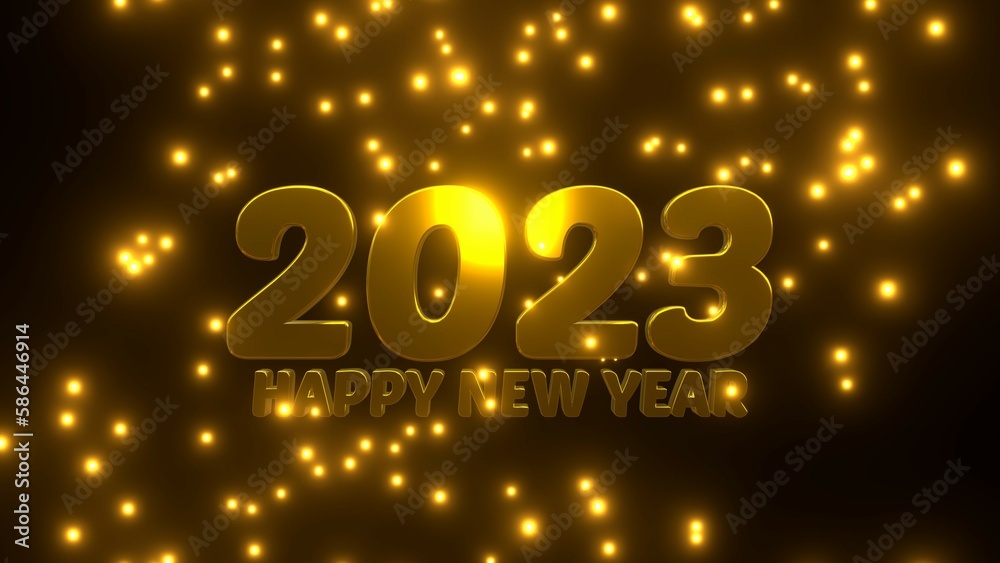 Happy New Year 2023 with golden falling particle on black background. Happy New Year 2023 with golden falling particle on black background.