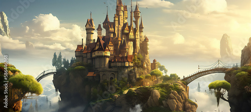 Magic Fairy Tale Castle in the clouds, generative ai, digital illustration.
