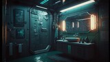 Futuristic cyberpunk style bathroom interior with mirror and neon lights. Generative AI