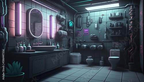 Futuristic cyberpunk style bathroom interior with mirror and neon lights. Generative AI