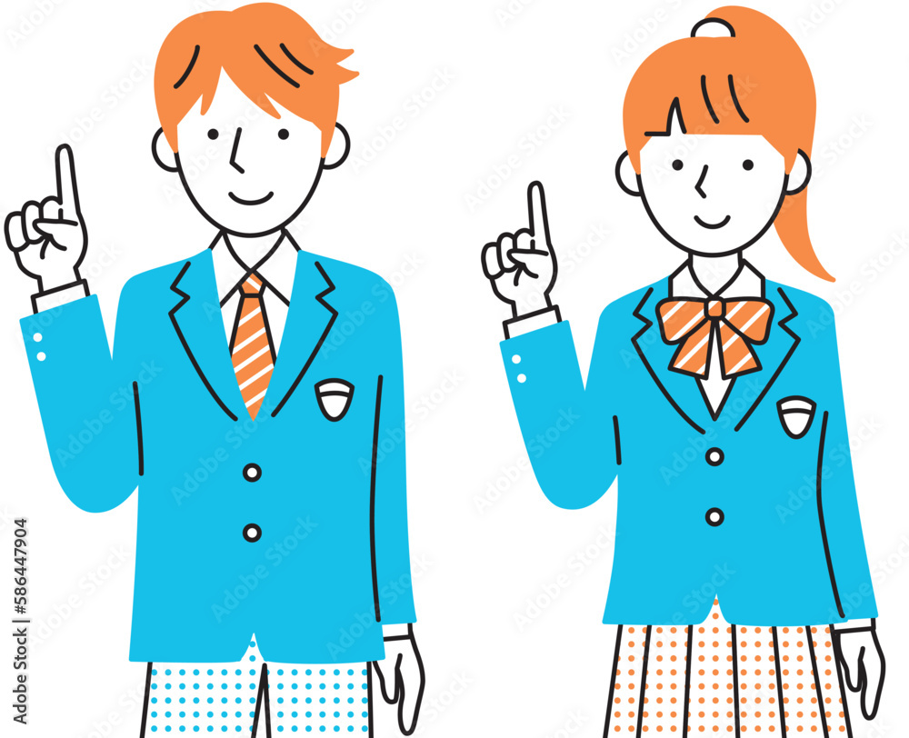 制服を着て指差しする男女高校生 イラストセット 制服を着て指差しする男女高校生 イラストセット