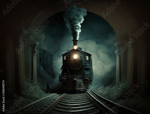 Tren antiguo a vapor de noche en el túnel