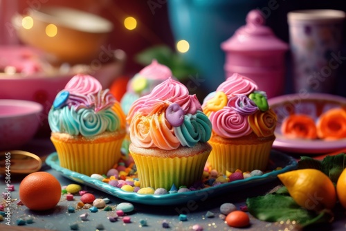 Whimsical Rainbow Cupcakes on a Rainbow Candy Land Fantasy background - Generative AI Illustration 