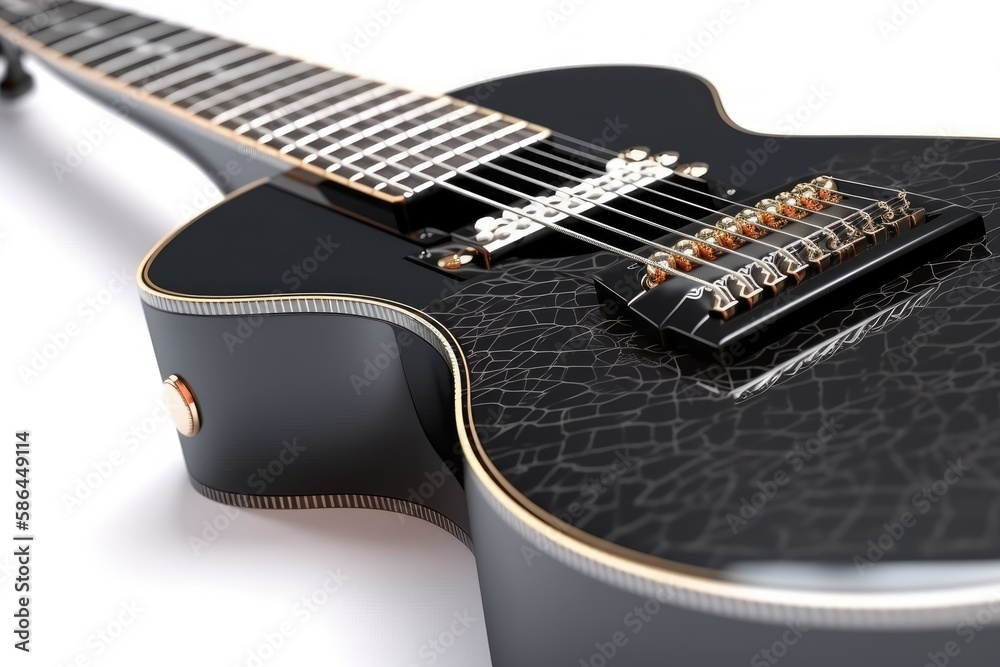black guitar with a plain white background in close-up. Generative AI black guitar with a plain white background in close-up. Generative AI