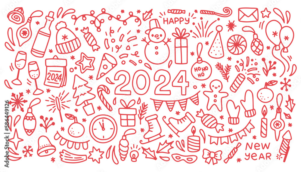 Naklejka premium New year doodle vector set. Christmas party related objects and elements fireworks, countdown, party, etc.