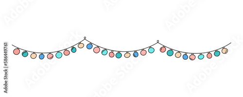 Garland doodle isolated. Glowing light bulbs. Vector hand drawn kid hanging lamps. Scribble outline illustration of festive birthday garland