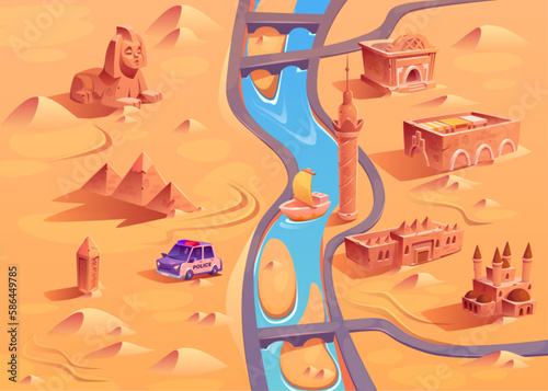 Egypt desert map background for game level scene cartoon illustration. Stylized mosque, temple and pyramid in sand hot enviroment with police car. Bridge and river near path through buildings in dune. photo