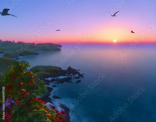 romantic landscape, birds fly over the river, sunset of the day. AI generation