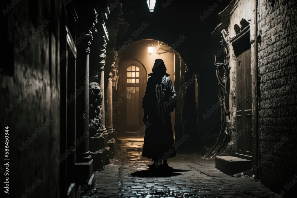 a dark alley in a side street, a man in black clothes is standing in it created with Generative AI technology