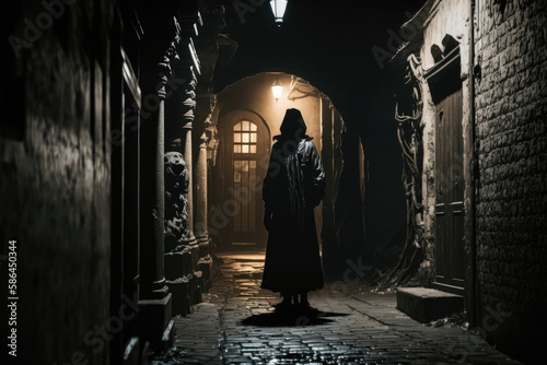 a dark alley in a side street, a man in black clothes is standing in it created with Generative AI technology © StockMedia