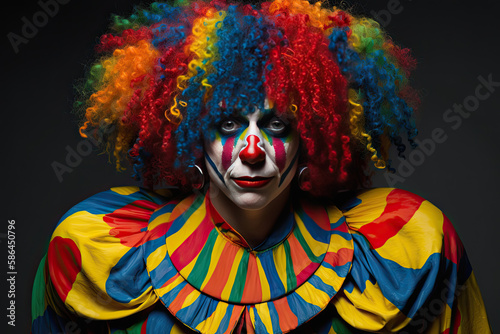 high quality clown costume, consists of a colorful wig and colorful striped clothes created with Generative AI technology