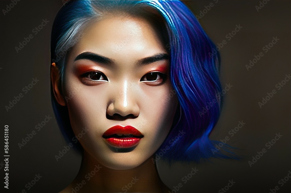 Beautiful Asian girl with fashion decorated with blue hair Red lipstick white face and seductive teen style with studio lighting. AI-generated images
