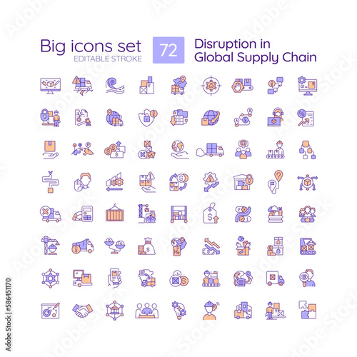 Disruption in global supply chain RGB color icons set. Distribution industry issues. Logistic service. Isolated vector illustrations. Simple filled line drawings collection. Editable stroke