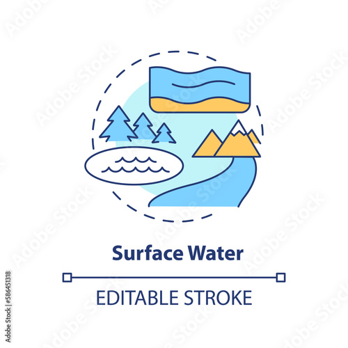 Surface water concept icon. River and lakes waterbodies. Fresh water supply source abstract idea thin line illustration. Isolated outline drawing. Editable stroke. Arial, Myriad Pro-Bold fonts used