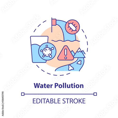 Water pollution concept icon. Contamination of waterbodies. Hydro source threat abstract idea thin line illustration. Isolated outline drawing. Editable stroke. Arial, Myriad Pro-Bold fonts used