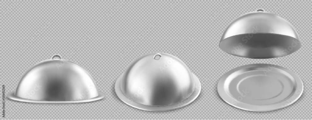 Silver food tray plate with cloche for restaurant. 3d metal dish with closed and open cover for serving hot dinner or chef meal. Empty platter with dome lid vector realistic set