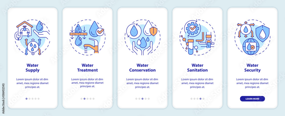 Water management concepts onboarding mobile app screen. Walkthrough 5 steps editable graphic instructions with linear concepts. UI, UX, GUI template. Myriad Pro-Bold, Regular fonts used