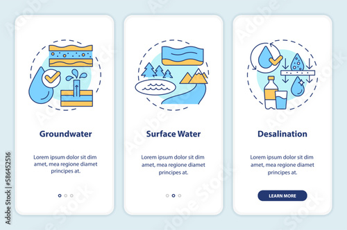 Fresh water supply sources onboarding mobile app screen. Walkthrough 3 steps editable graphic instructions with linear concepts. UI, UX, GUI template. Myriad Pro-Bold, Regular fonts used