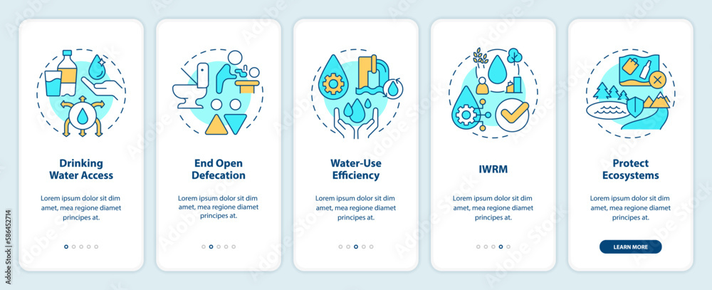 Clean water and sanitation onboarding mobile app screen. Walkthrough 5 steps editable graphic instructions with linear concepts. UI, UX, GUI template. Myriad Pro-Bold, Regular fonts used