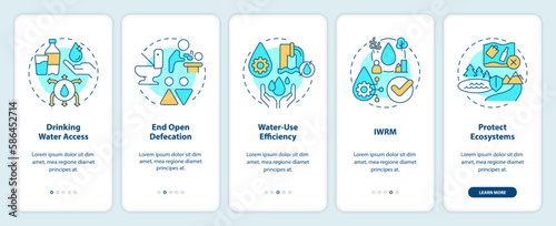 Clean water and sanitation onboarding mobile app screen. Walkthrough 5 steps editable graphic instructions with linear concepts. UI, UX, GUI template. Myriad Pro-Bold, Regular fonts used