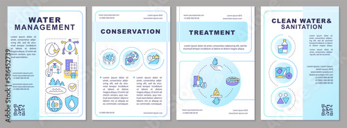 Water management blue gradient brochure template. Liquid sources. Leaflet design with linear icons. 4 vector layouts for presentation, annual reports. Arial, Myriad Pro-Regular fonts used