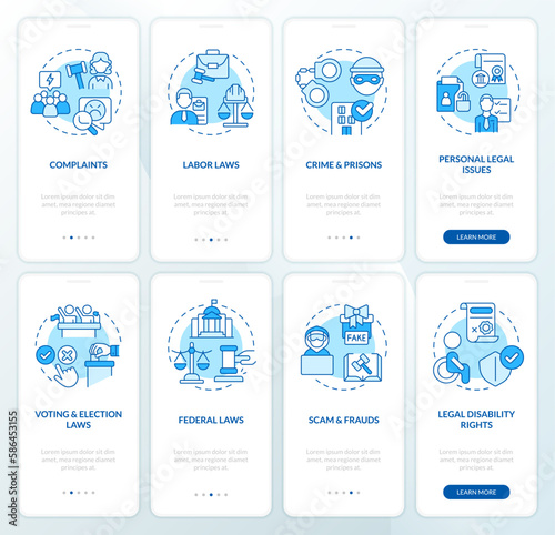 Legal cases blue onboarding mobile app screen set. Laws, regulations walkthrough 4 steps editable graphic instructions with linear concepts. UI, UX, GUI template. Myriad Pro-Bold, Regular fonts used