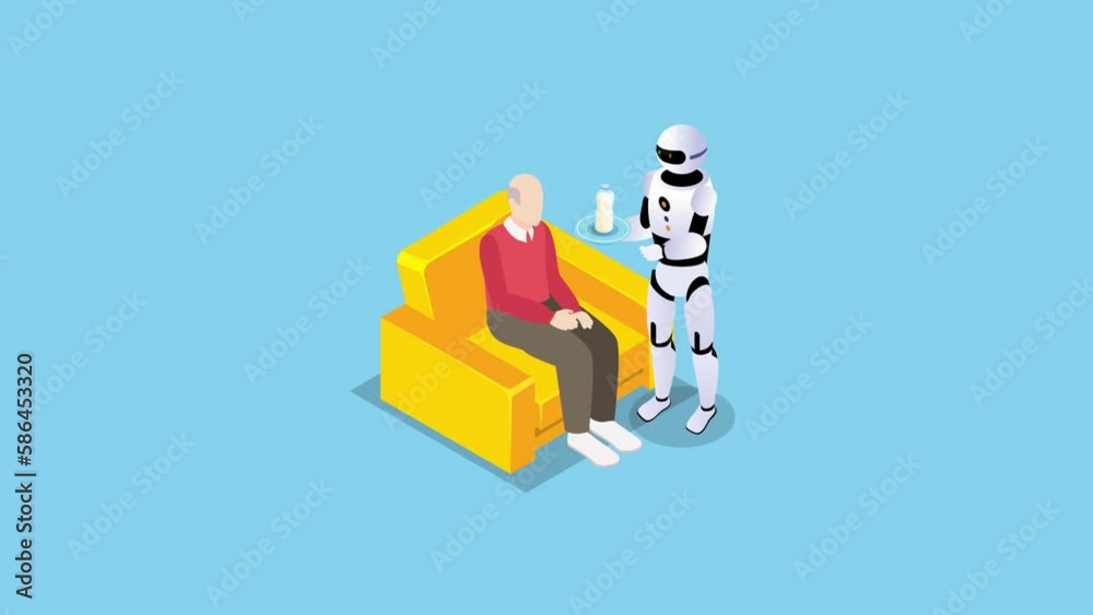 Robot help male elderly bringing with the milk 3d isometric Robot help male elderly bringing with the milk 3d isometric