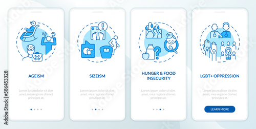 Social injustice examples blue onboarding mobile app screen. Walkthrough 4 steps editable graphic instructions with linear concepts. UI, UX, GUI template. Myriad Pro-Bold, Regular fonts used