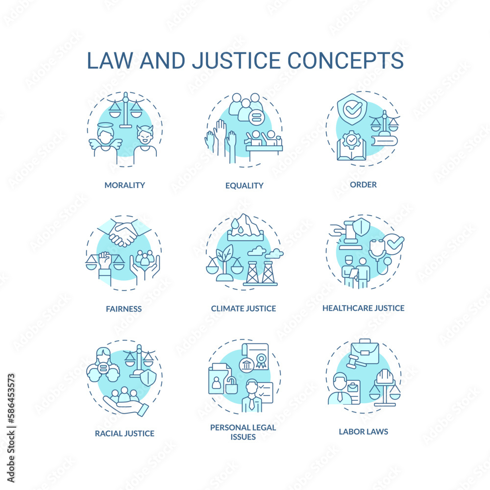 Law and justice blue concept icons set. Equity and fairness. Human rights protection idea thin line color illustrations. Isolated symbols. Editable stroke. Roboto-Medium, Myriad Pro-Bold fonts used