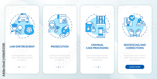 Justice system blue onboarding mobile app screen. Public safety. Walkthrough 4 steps editable graphic instructions with linear concepts. UI, UX, GUI template. Myriad Pro-Bold, Regular fonts used
