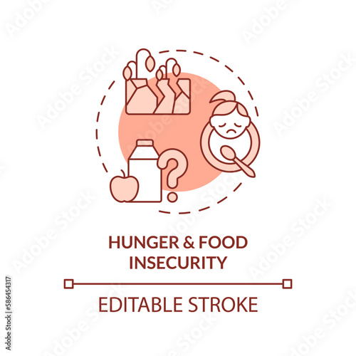 Hunger and food insecurity red concept icon. Starvation. Social injustice example abstract idea thin line illustration. Isolated outline drawing. Editable stroke. Arial, Myriad Pro-Bold fonts used