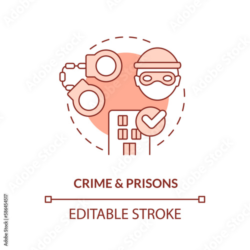 Crime and prisons red concept icon. Imprisonment of criminal. Law and legal issue abstract idea thin line illustration. Isolated outline drawing. Editable stroke. Arial, Myriad Pro-Bold fonts used