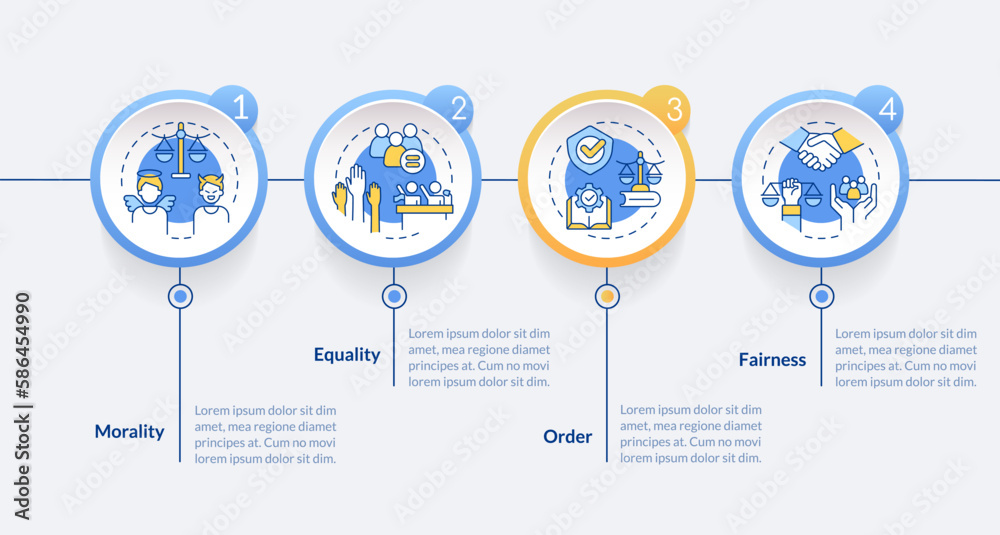 Law and justice ideas blue circle infographic template. Data visualization with 4 steps. Editable timeline info chart. Workflow layout with line icons. Lato-Bold, Regular fonts used